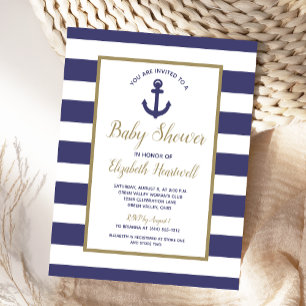 Nautical Anchor Navy Blue Striped Boy Baby Shower Invitation Postcard
