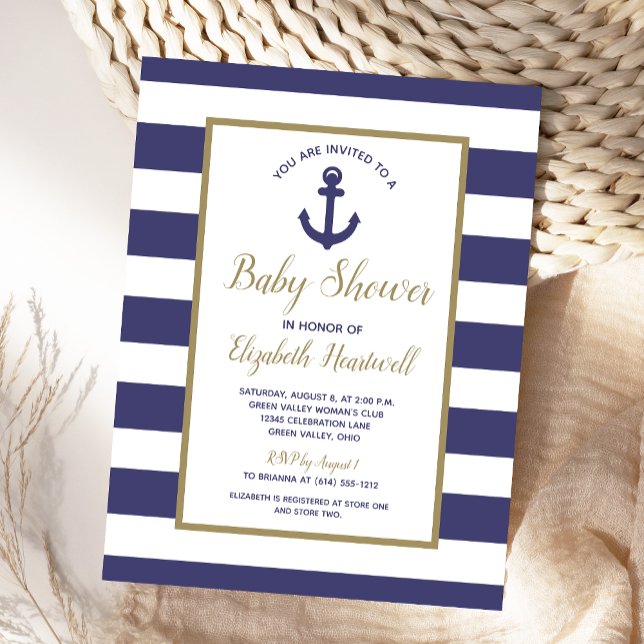 Nautical Anchor Navy Blue Striped Boy Baby Shower Invitation Postcard (Creator Uploaded)