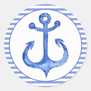 Nautical Anchor - Navy Blue Striped Classic Round Sticker