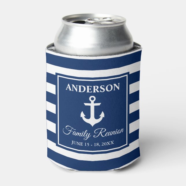 Nautical Anchor Navy Blue Striped Family Reunion Can Cooler (Can Front)
