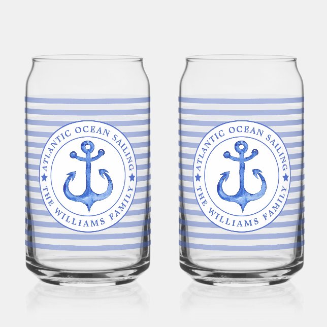 Nautical Anchor Navy Blue Striped Personalised Can Glass (Front)