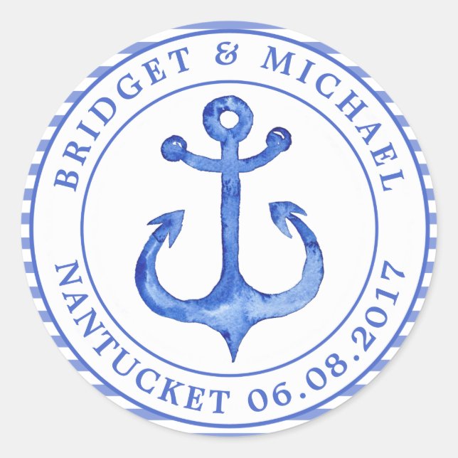 Nautical Anchor - Navy Blue Striped Personalised Classic Round Sticker (Front)