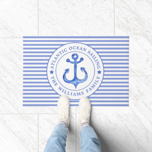 Nautical Anchor Navy Blue Striped Personalised Doormat