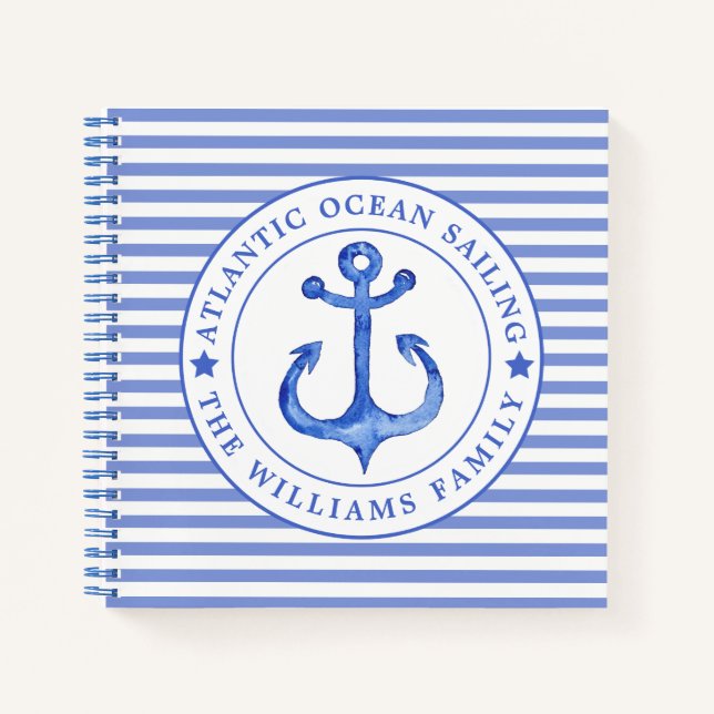 Nautical Anchor Navy Blue Striped Personalised Notebook (Front)