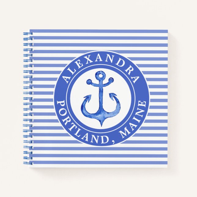 Nautical Anchor Navy Blue Striped Personalised Notebook (Front)
