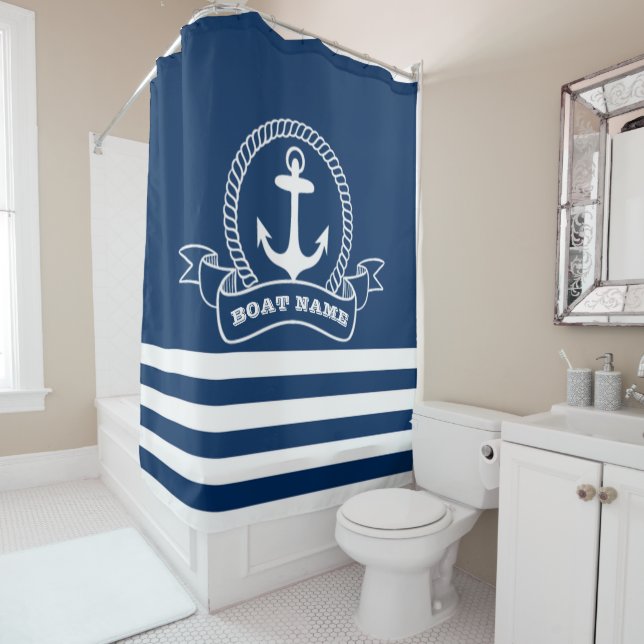 Nautical Anchor Navy Blue Striped Shower Curtain (In Situ)