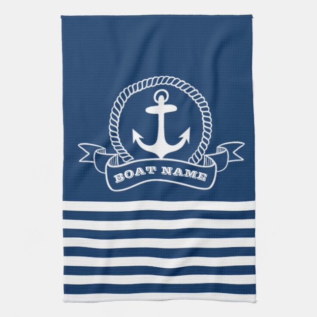 Nautical Anchor Navy Blue Striped  Tea Towel (Vertical)