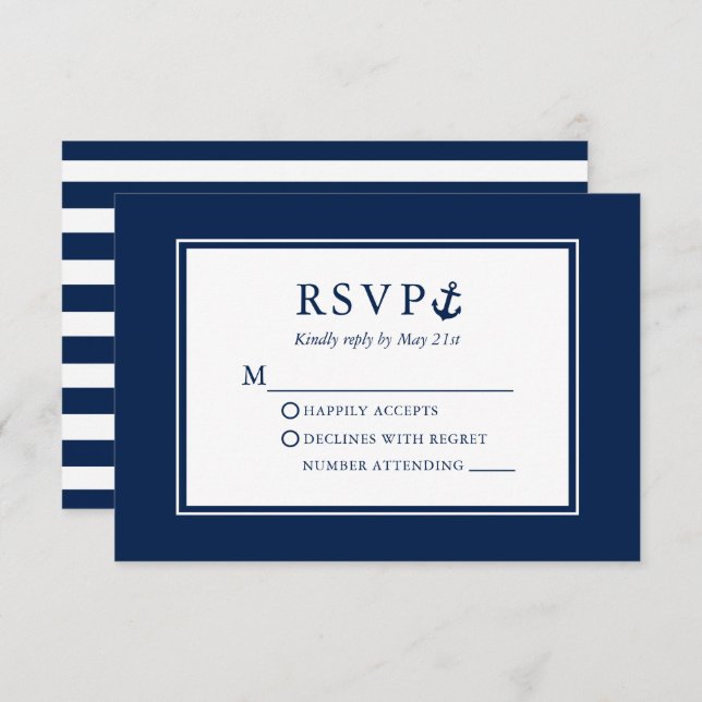 Nautical Anchor Navy Blue Striped Wedding RSVP Card (Front/Back)