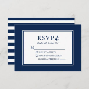 Nautical Anchor Navy Blue Striped Wedding RSVP Card