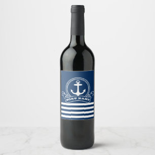 Nautical Anchor Navy Blue Striped  Wine Label