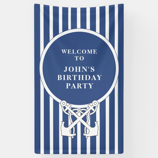 Nautical Anchor Navy Blue Stripes Birthday  Banner (Vertical)