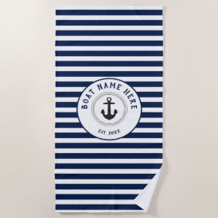 Nautical Anchor Navy Blue Stripes Boat Name Beach Towel