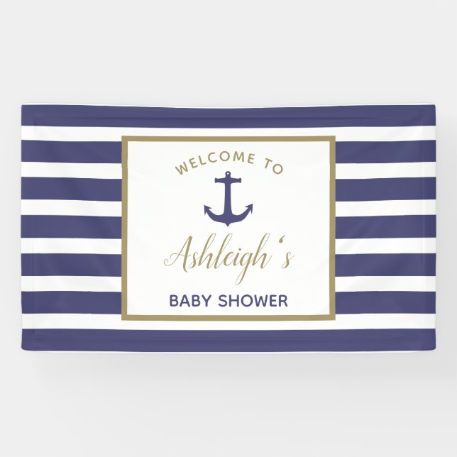 Nautical Anchor Navy Blue Stripes Boy Baby Shower Banner (Horizontal)