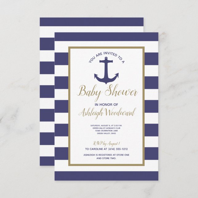 Nautical Anchor Navy Blue Stripes Boy Baby Shower Invitation (Front/Back)