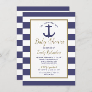 Nautical Anchor Navy Blue Stripes Boy Baby Shower Invitation