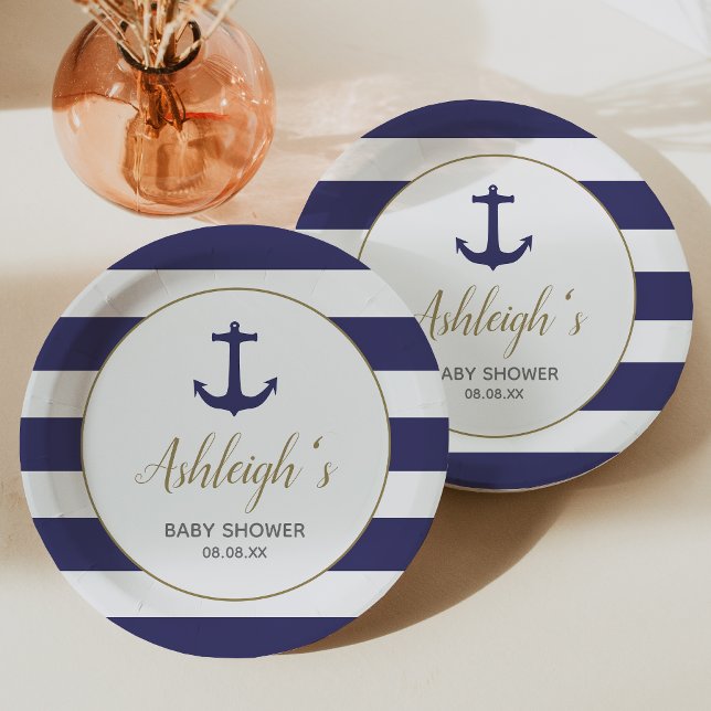 Nautical Anchor Navy Blue Stripes Boy Baby Shower Paper Plate (Creator Uploaded)