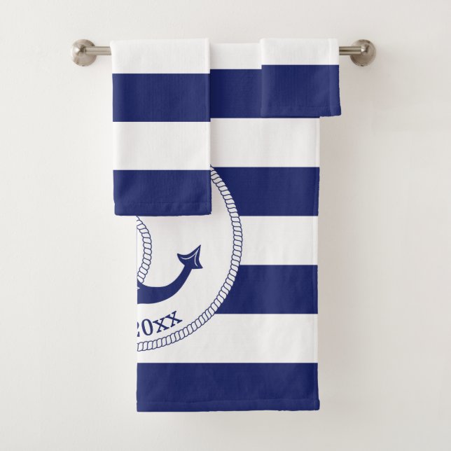 Nautical Anchor Navy Blue Stripes Family Monogram Bath Towel Set (Insitu)