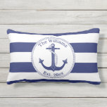 Nautical Anchor Navy Blue Stripes Family Monogram Lumbar Cushion<br><div class="desc">This nautical pillow has a navy blue anchor with a circular rope border.   Personalise with your own family name and year of establishment,  or replace with other text.  Background is navy blue and white stripes. Design on both sides of pillow.</div>