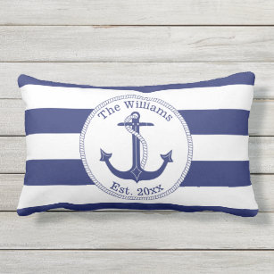 Nautical Anchor Navy Blue Stripes Family Monogram Lumbar Cushion