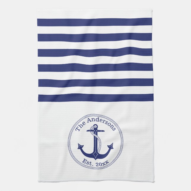 Nautical Anchor Navy Blue Stripes Family Monogram Tea Towel (Vertical)