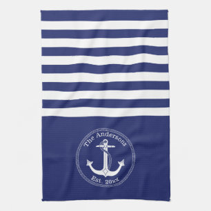 Nautical Anchor Navy Blue Stripes Family Monogram Tea Towel