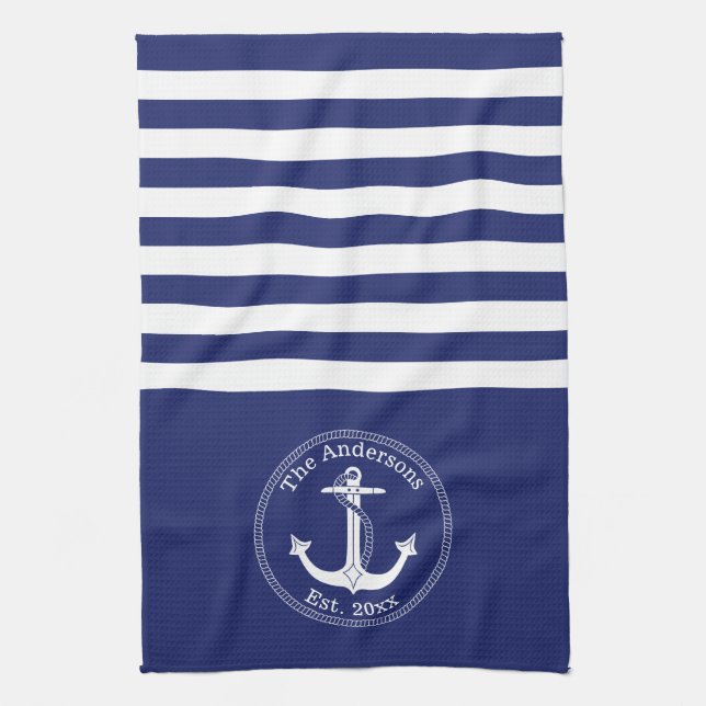 Nautical Anchor Navy Blue Stripes Family Monogram Tea Towel (Vertical)