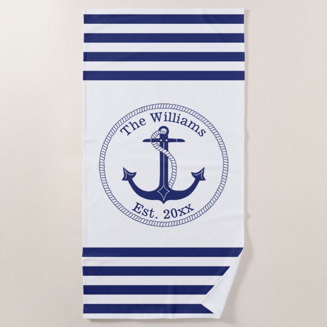 Nautical Anchor Navy Blue Stripes Family Name Beach Towel (Front)