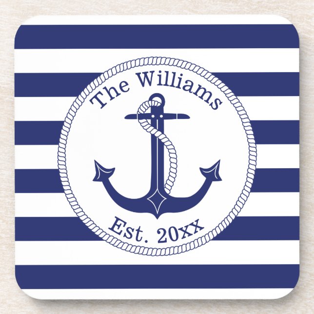 Nautical Anchor Navy Blue Stripes Family Name Coaster (Front)