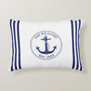 Nautical Anchor Navy Blue Stripes Family Name Decorative Cushion