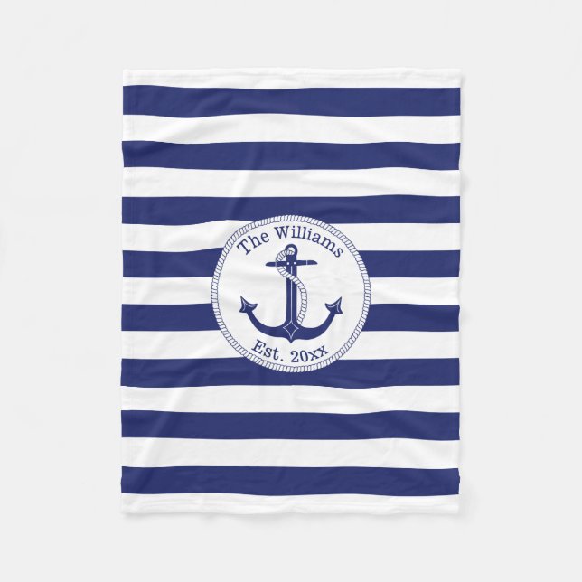 Nautical Anchor Navy Blue Stripes Family Name Fleece Blanket (Front)