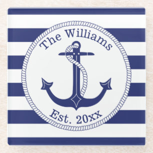 Nautical Anchor Navy Blue Stripes Family Name Glass Coaster