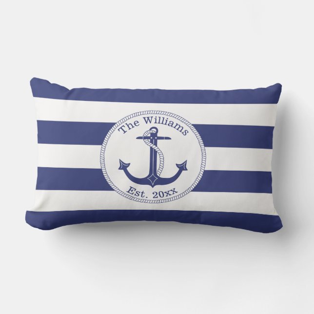 Nautical Anchor Navy Blue Stripes Family Name Lumbar Cushion (Front)