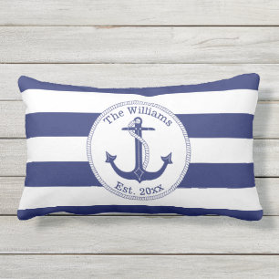 Nautical Anchor Navy Blue Stripes Family Name Lumbar Cushion
