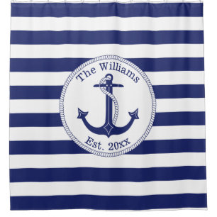 Nautical Anchor Navy Blue Stripes Family Name Shower Curtain