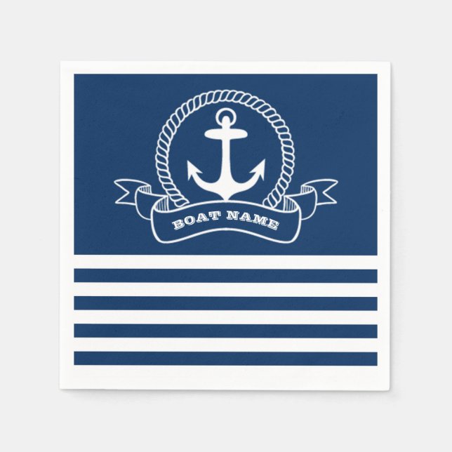 Nautical Anchor Navy Blue Stripes  Napkin (Front)