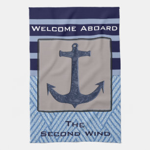 Nautical Anchor & Navy Blue Stripes Tea Towel