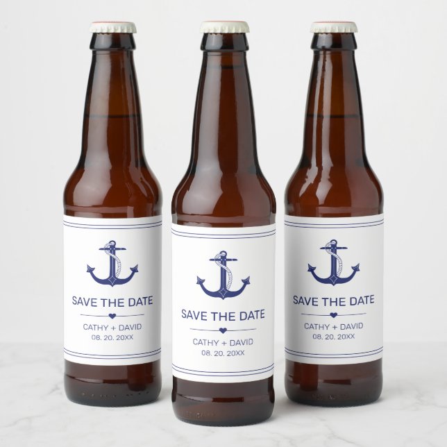 Nautical Anchor Navy Blue Wedding Save the Date Beer Bottle Label (Bottles)