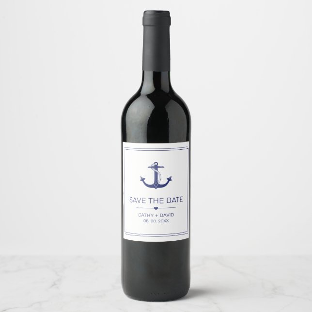 Nautical Anchor Navy Blue Wedding Save the Date Wine Label (Front)