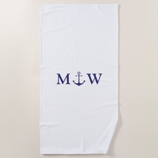 Nautical anchor navy blue white couple initials beach towel (Front)