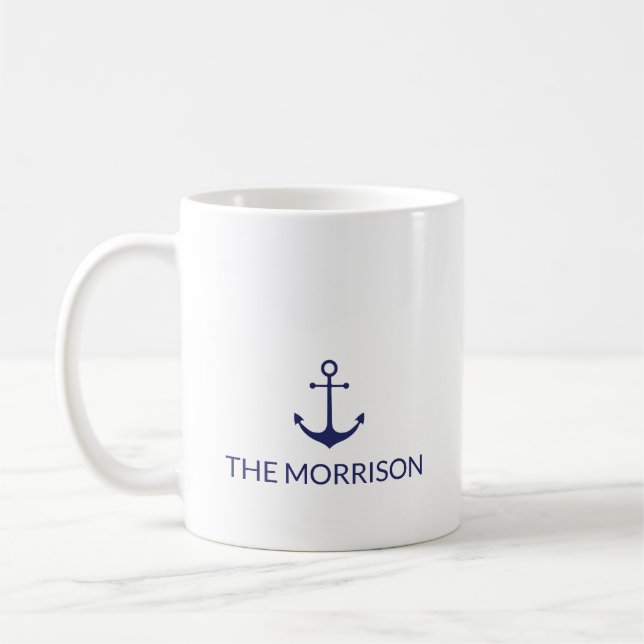Nautical anchor navy blue white Custom Boat Name  Coffee Mug (Left)