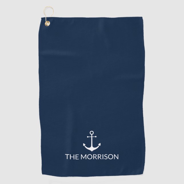 Nautical anchor navy blue white Custom Boat Name Golf Towel (Front)