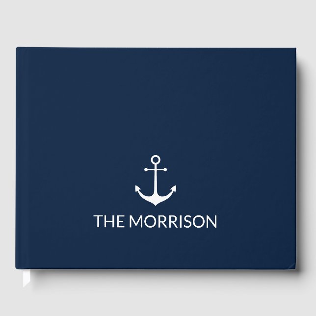 Nautical anchor navy blue white Custom Boat Name Guest Book (Front)