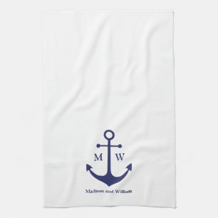 Nautical anchor navy blue white custom monogram tea towel