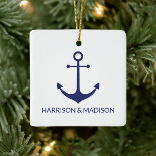 Nautical anchor navy blue white custom names ceramic ornament