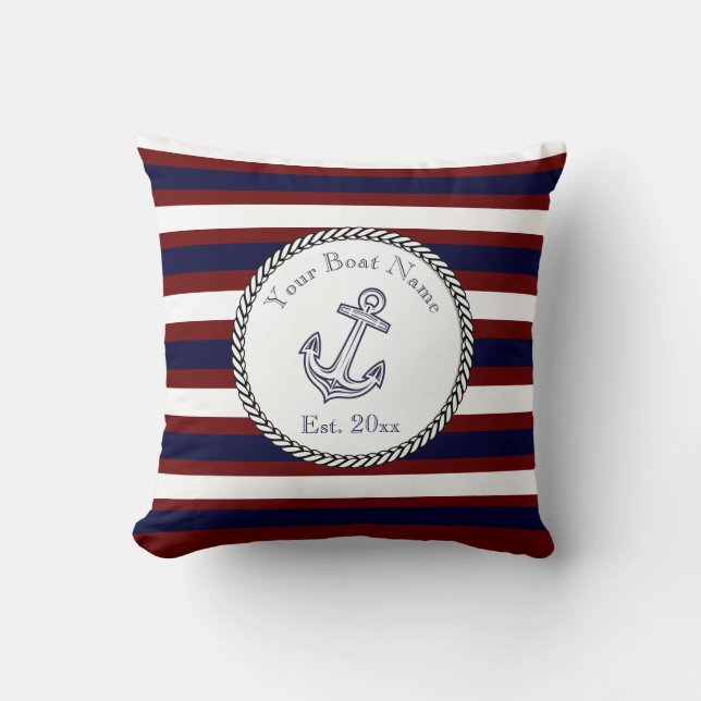 Nautical Anchor Navy Blue White Maroon stripes Cushion (Front)
