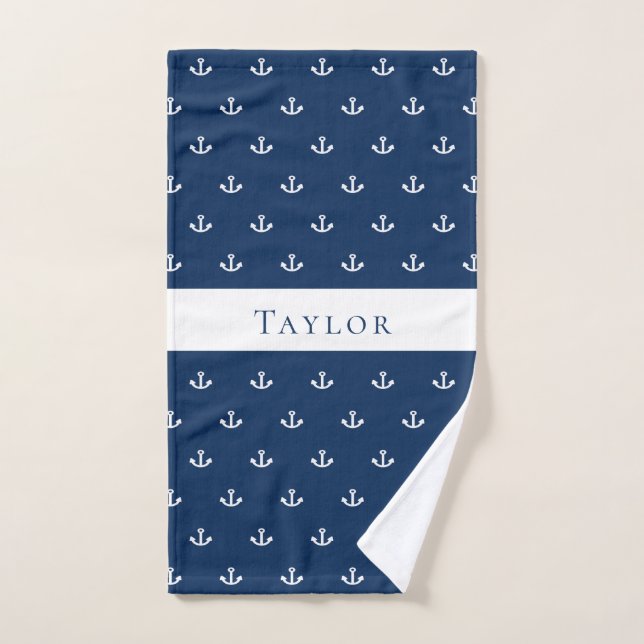 Nautical anchor navy blue white monogram hand towel (Hand Towel)