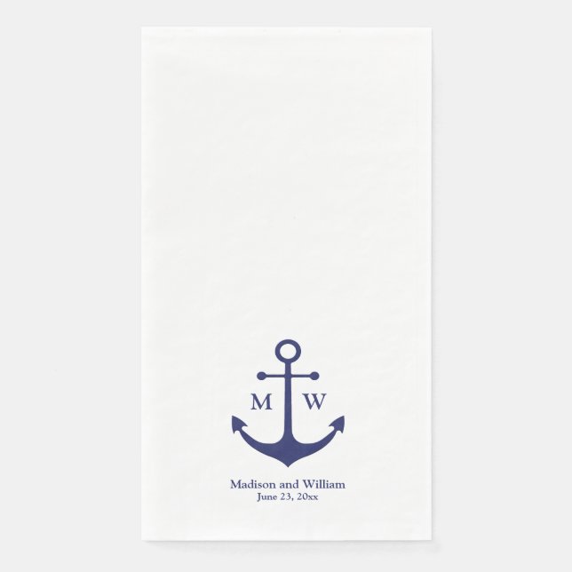 Nautical anchor navy blue white monogram Wedding Napkin (Front)