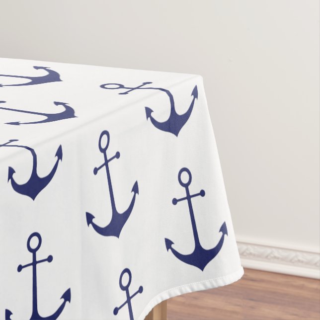 Nautical anchor navy blue & white pattern coastal  tablecloth (In Situ)