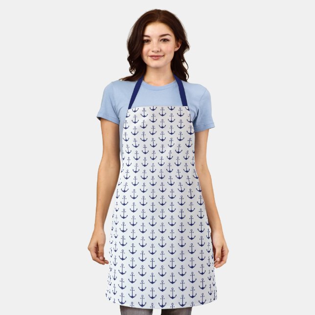 Nautical anchor navy blue & white pattern modern apron (Worn)