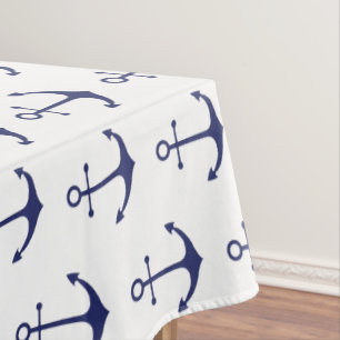 Nautical anchor navy blue white pattern modern tablecloth